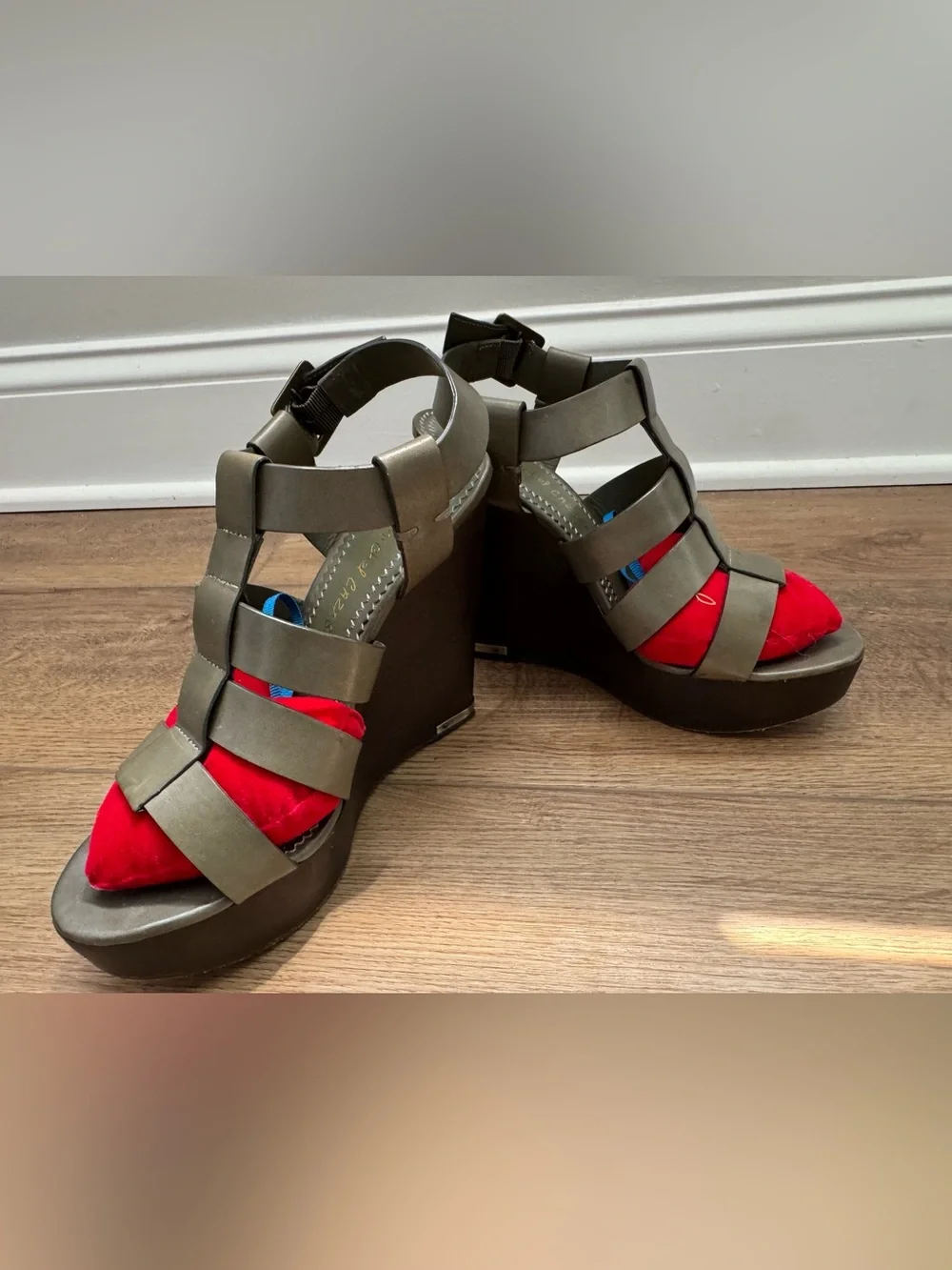 Jean-Michel Cazabat Olive Green Strappy Sandals with Red Insole